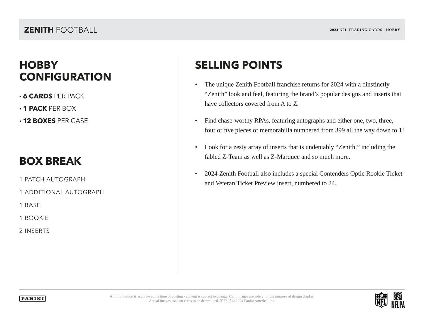2024 Panini Zenith Football Hobby Box (3/21)