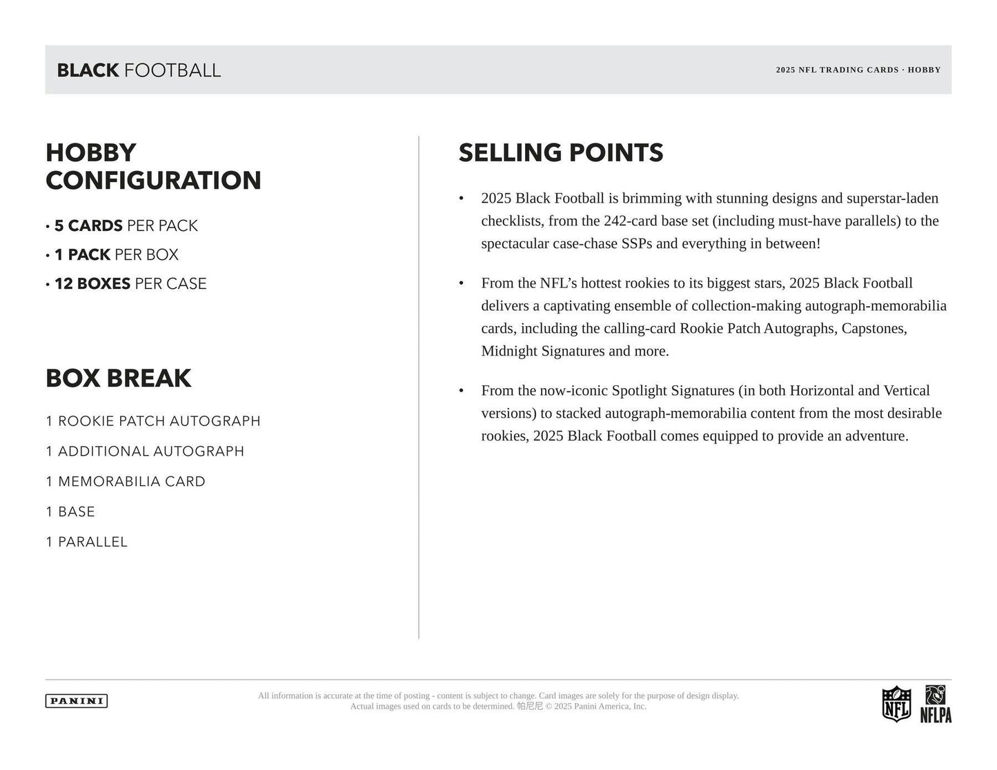 2025 Panini Black Football Hobby Box (Presell 10/8)