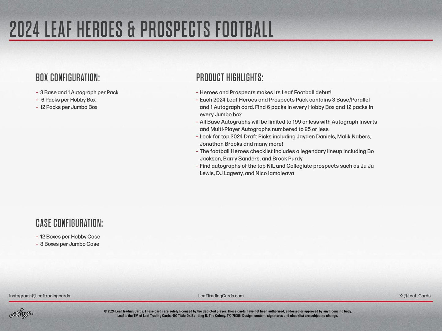 2024 Leaf Heroes & Prospects Football Hobby Box