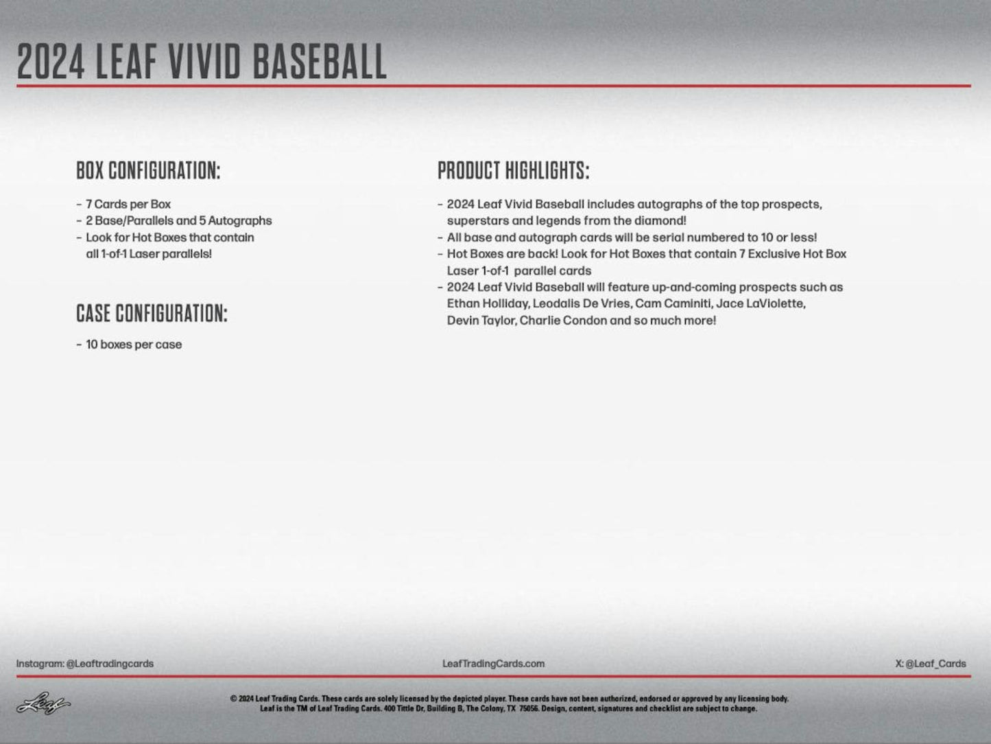 2024 Leaf Vivid Baseball Hobby Box (3/21)