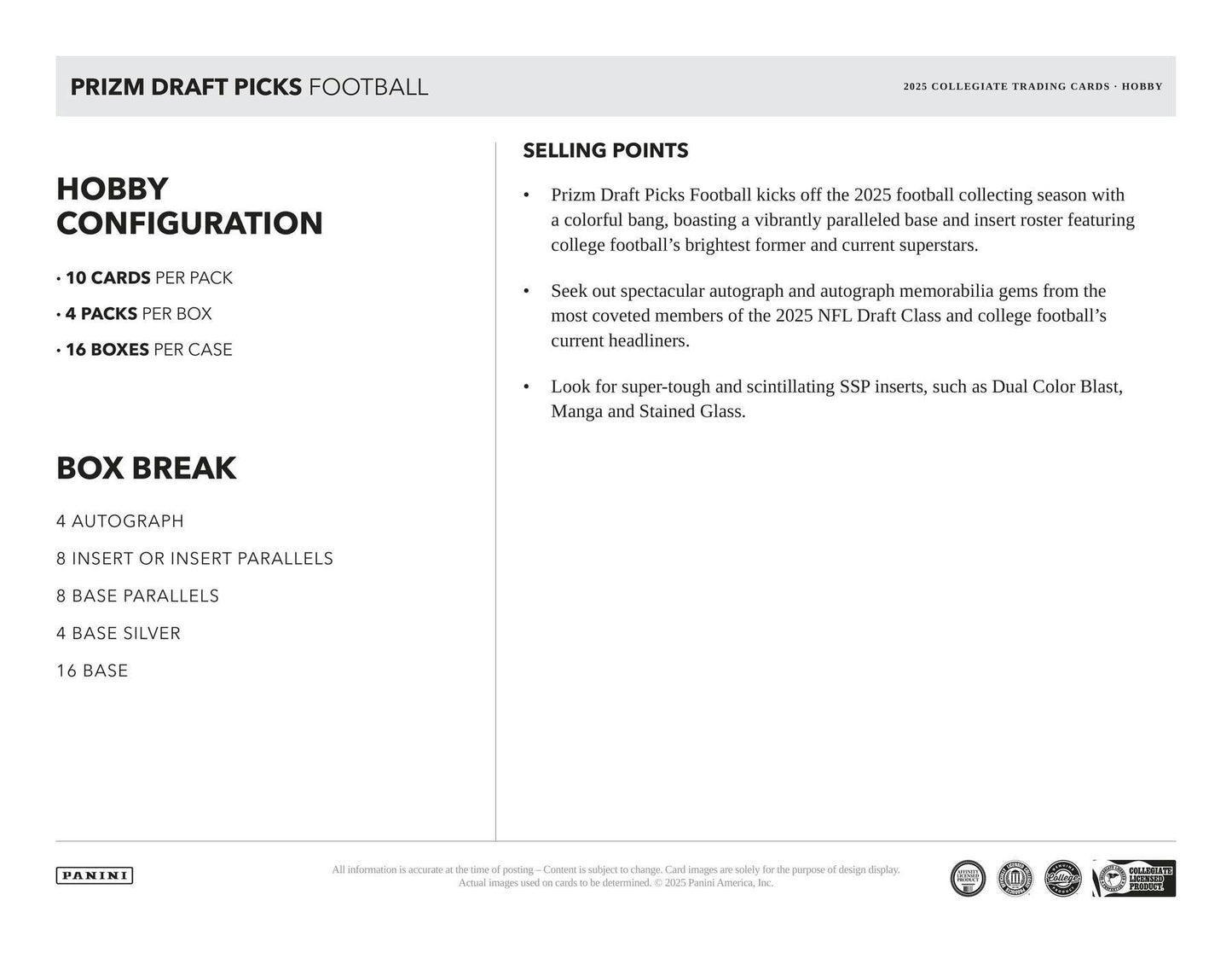 2025 Panini Prizm Draft Picks Football Hobby Box (Presell 9/24)