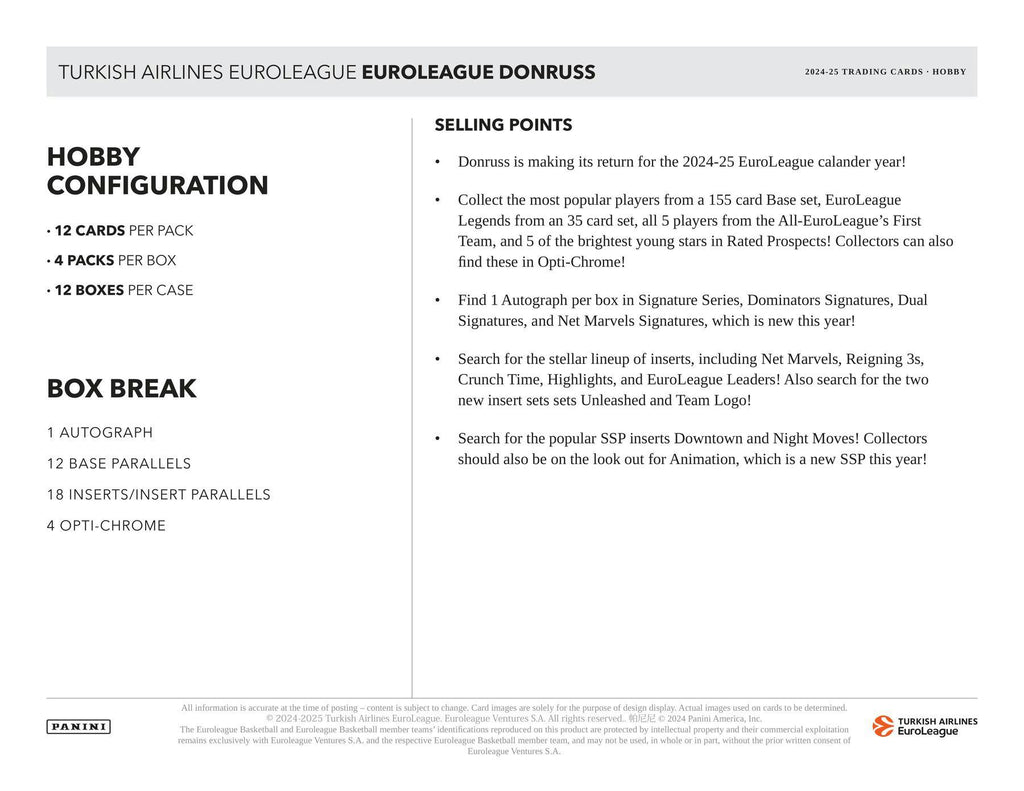 2024-25 Panini Donruss Turkish Airlines EuroLeague Basketball Hobby Box
