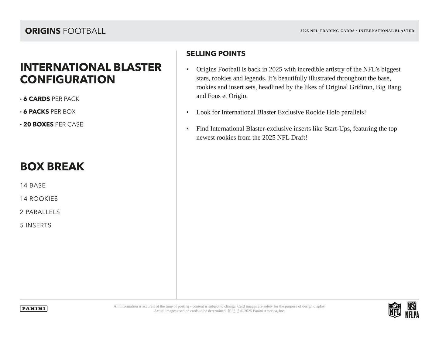 2025 Panini Origins Football International 6-Pack Blaster Box (9/5)