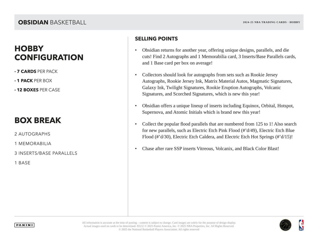 2024-25 Panini Obsidian Basketball Hobby Box (9/12)