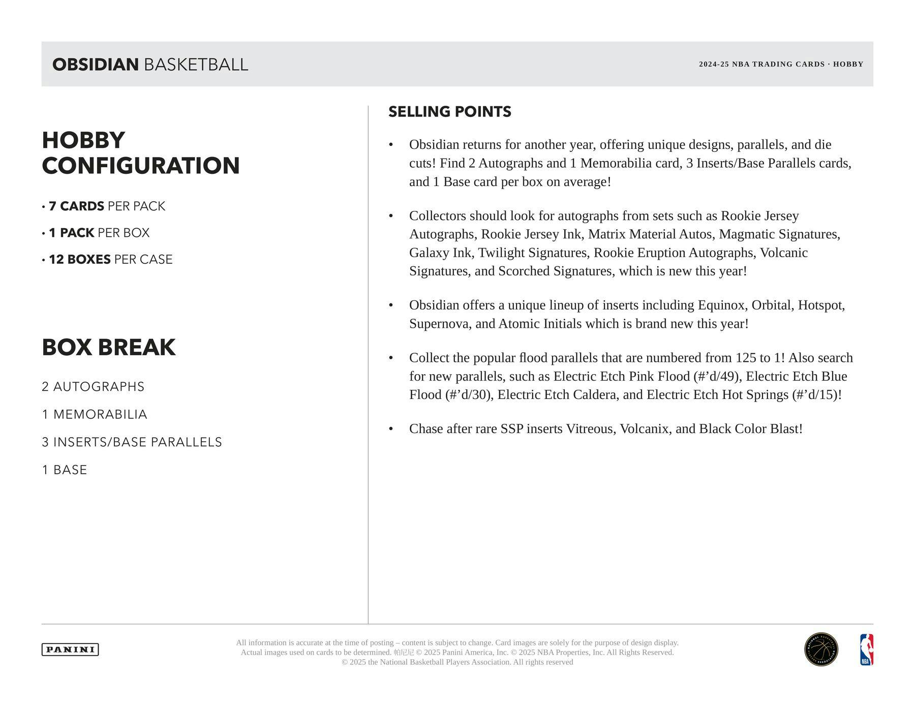 2024-25 Panini Obsidian Basketball Hobby Box (9/12)