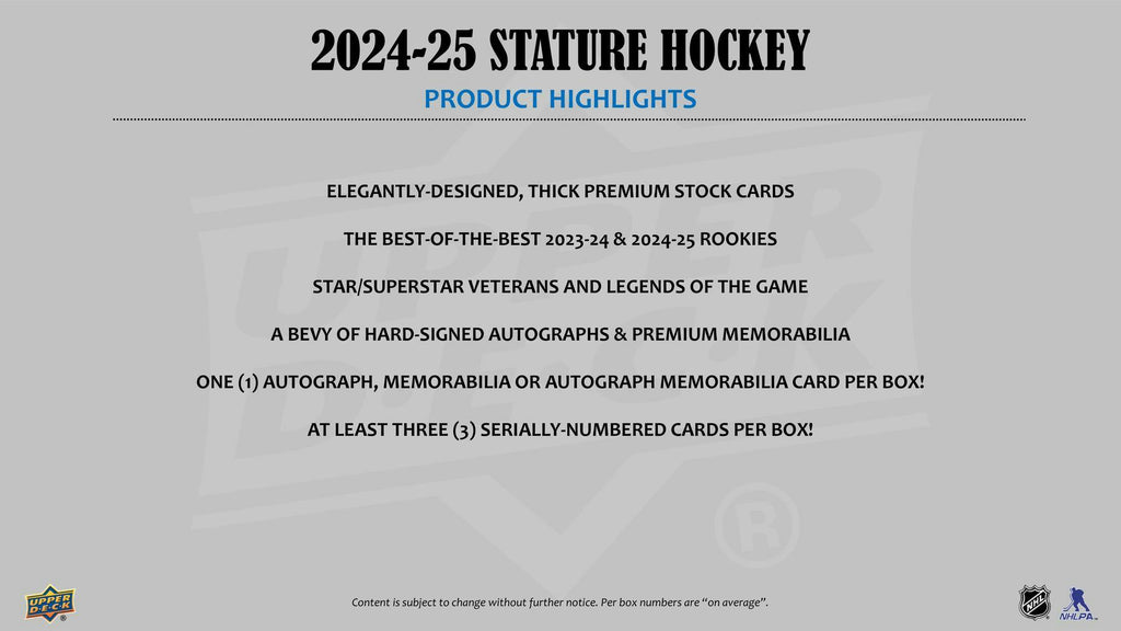 2024-25 Upper Deck Stature Hockey Hobby Box (9/17)