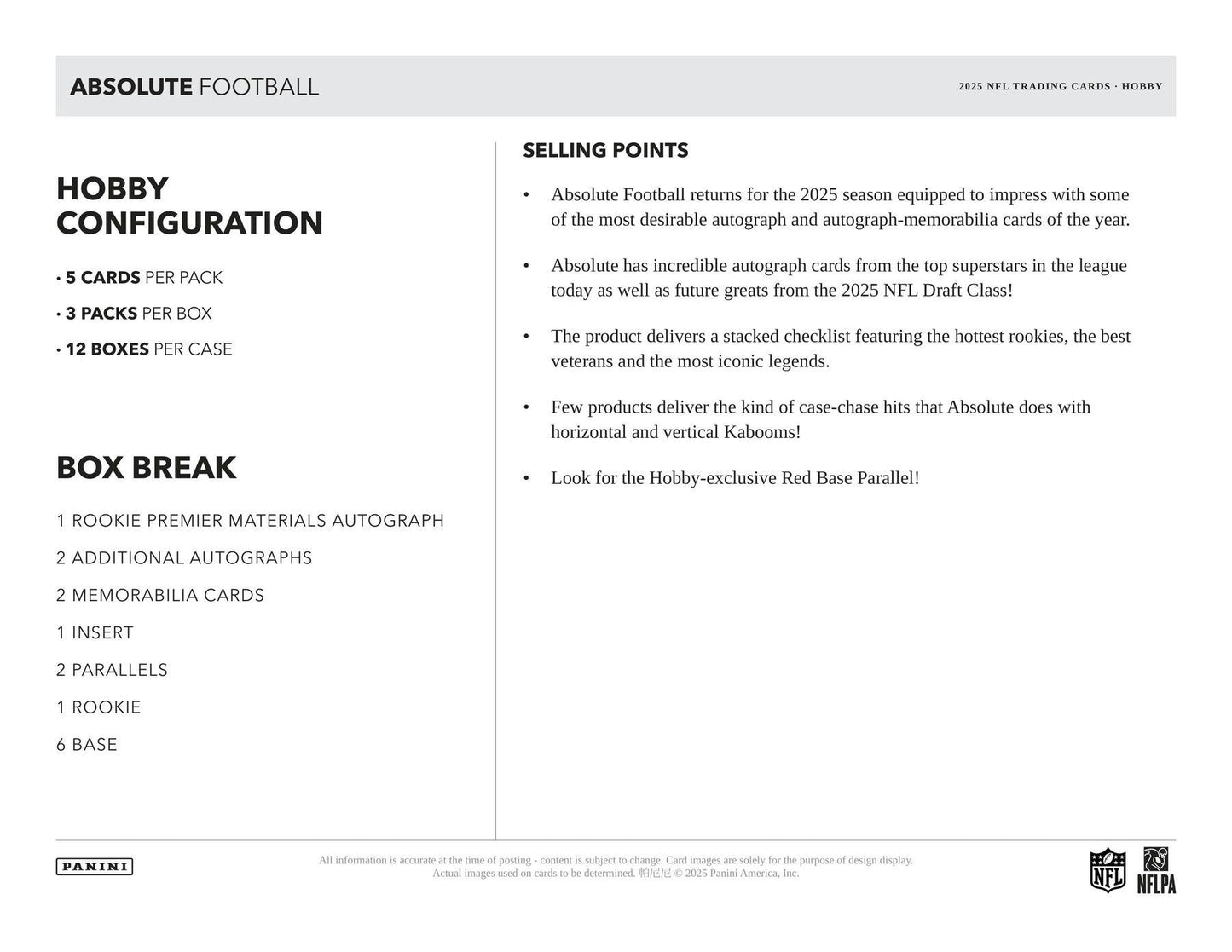 2025 Panini Absolute Football Hobby Box (Presell 10/31)