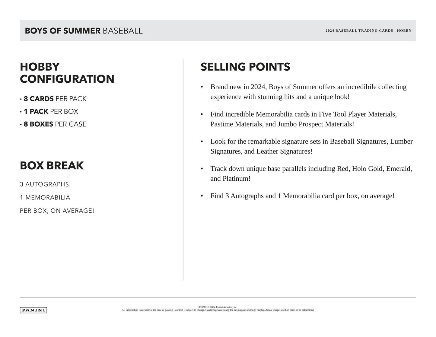 2024 Panini Boys of Summer Baseball, Hobby Box