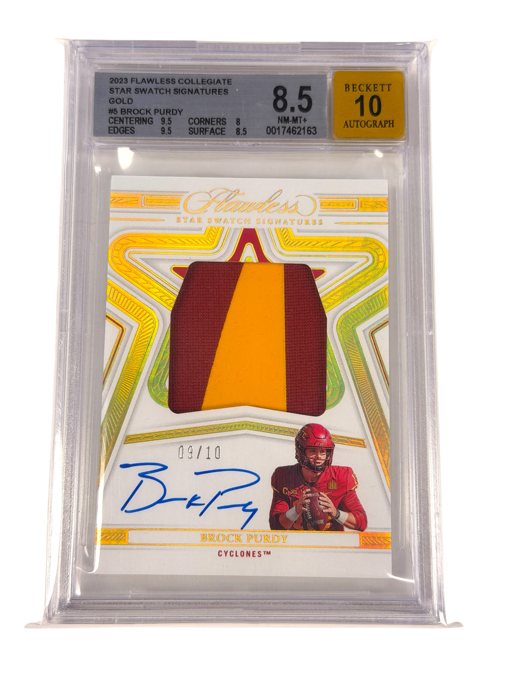 2023 PANINI FLAWLESS COLLEGIATE STAR SWATCH SIGNATURES SSSBP BROCK PURDY GOLD /10 BGS 8.5 - AUTO 10