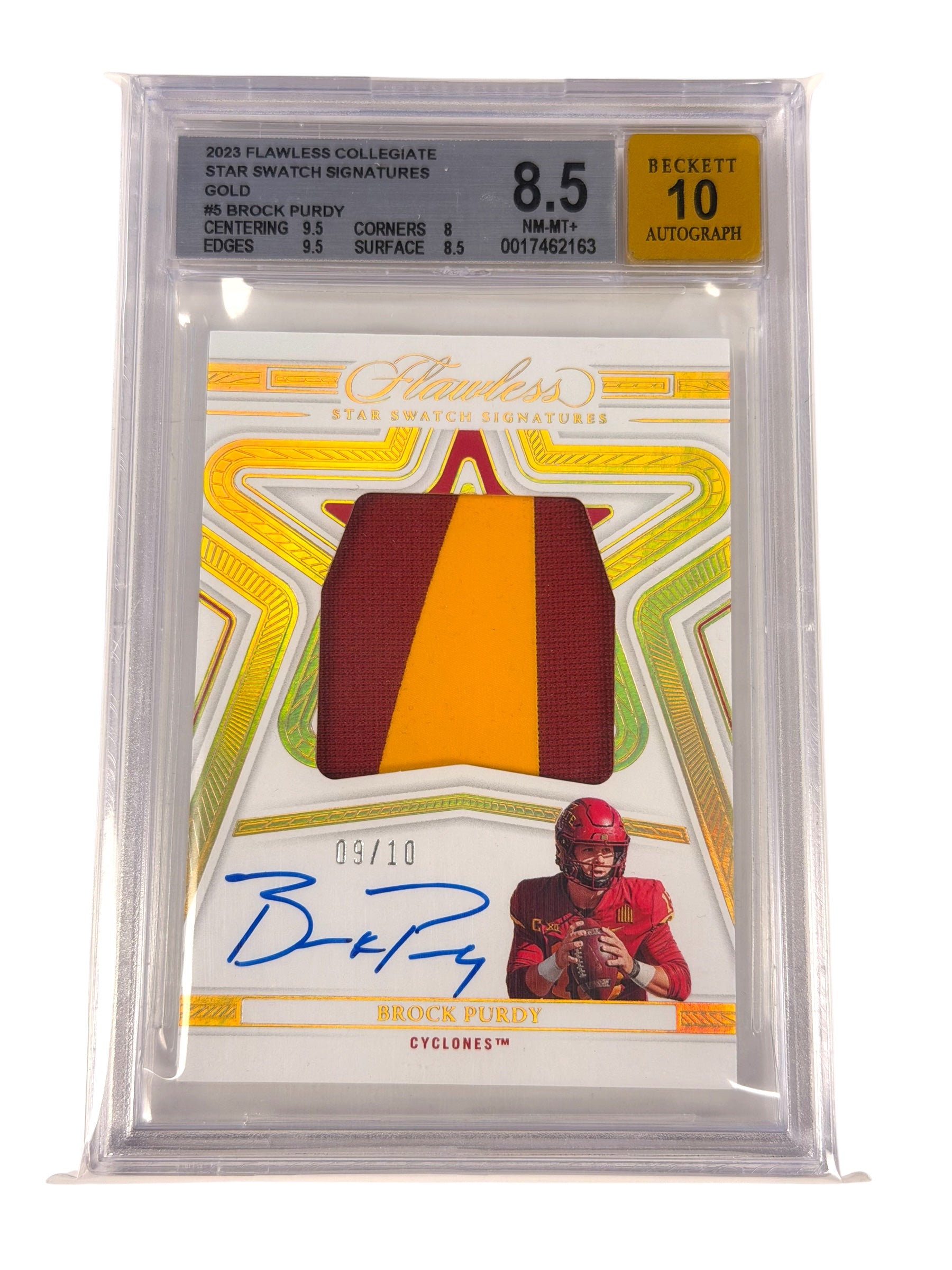 2023 PANINI FLAWLESS COLLEGIATE STAR SWATCH SIGNATURES SSSBP BROCK PURDY GOLD /10 BGS 8.5 - AUTO 10