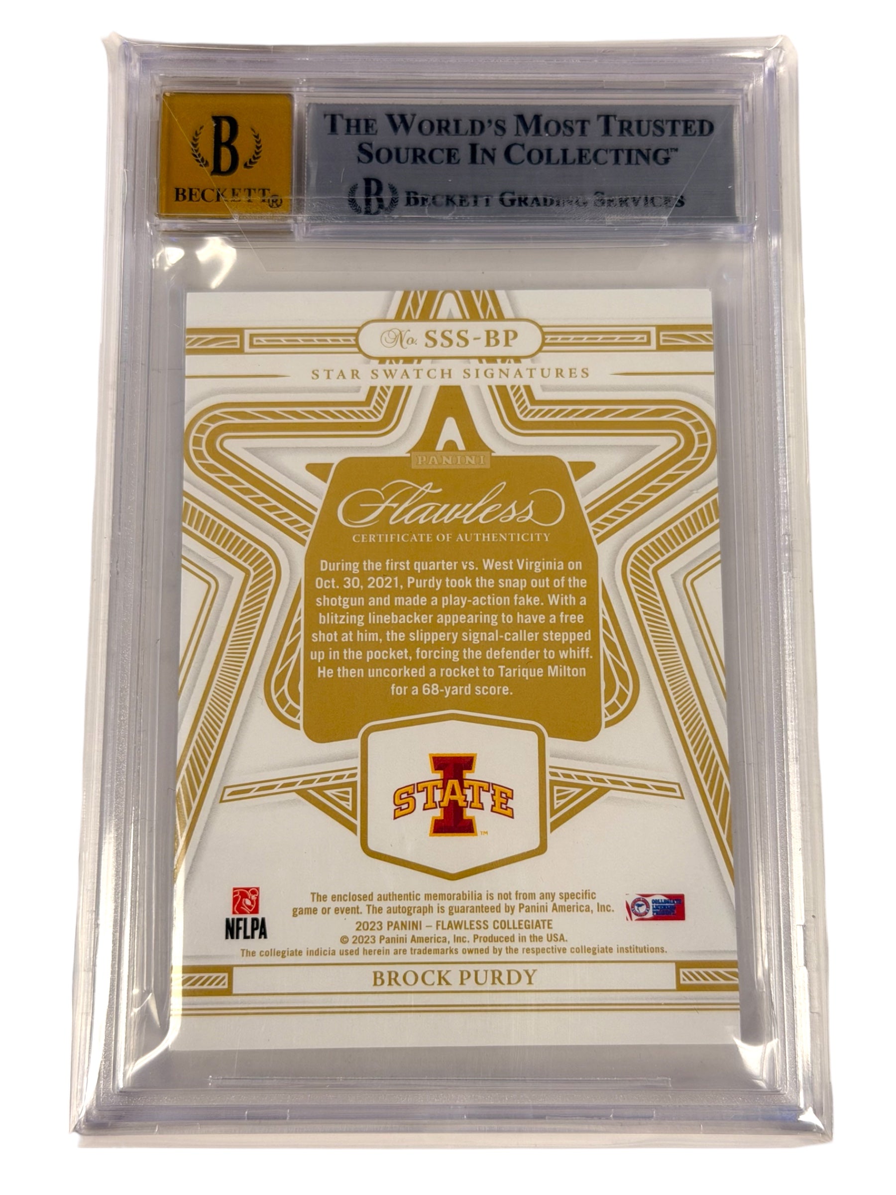 2023 PANINI FLAWLESS COLLEGIATE STAR SWATCH SIGNATURES SSSBP BROCK PURDY GOLD /10 BGS 8.5 - AUTO 10