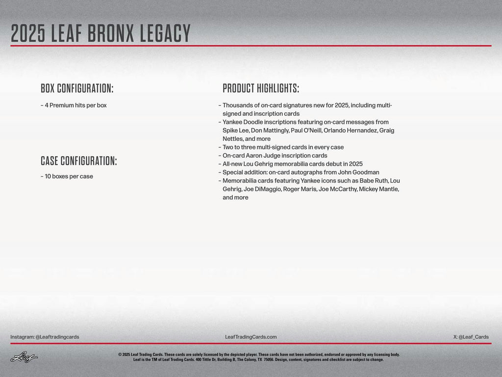 2025 Leaf Bronx Legacy Baseball Hobby 10-Box Case (10/29)