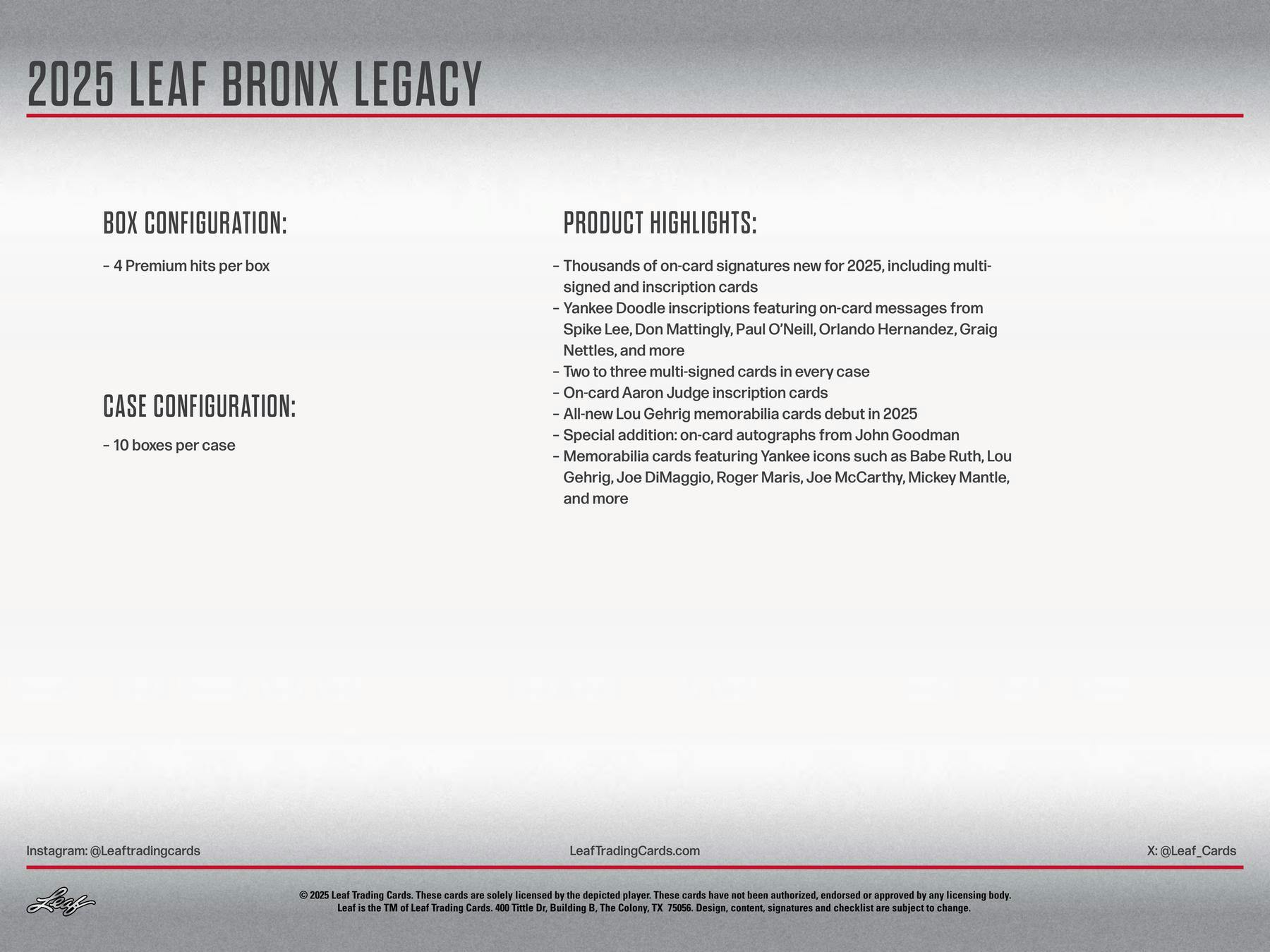 2025 Leaf Bronx Legacy Baseball Hobby 10-Box Case (10/29)