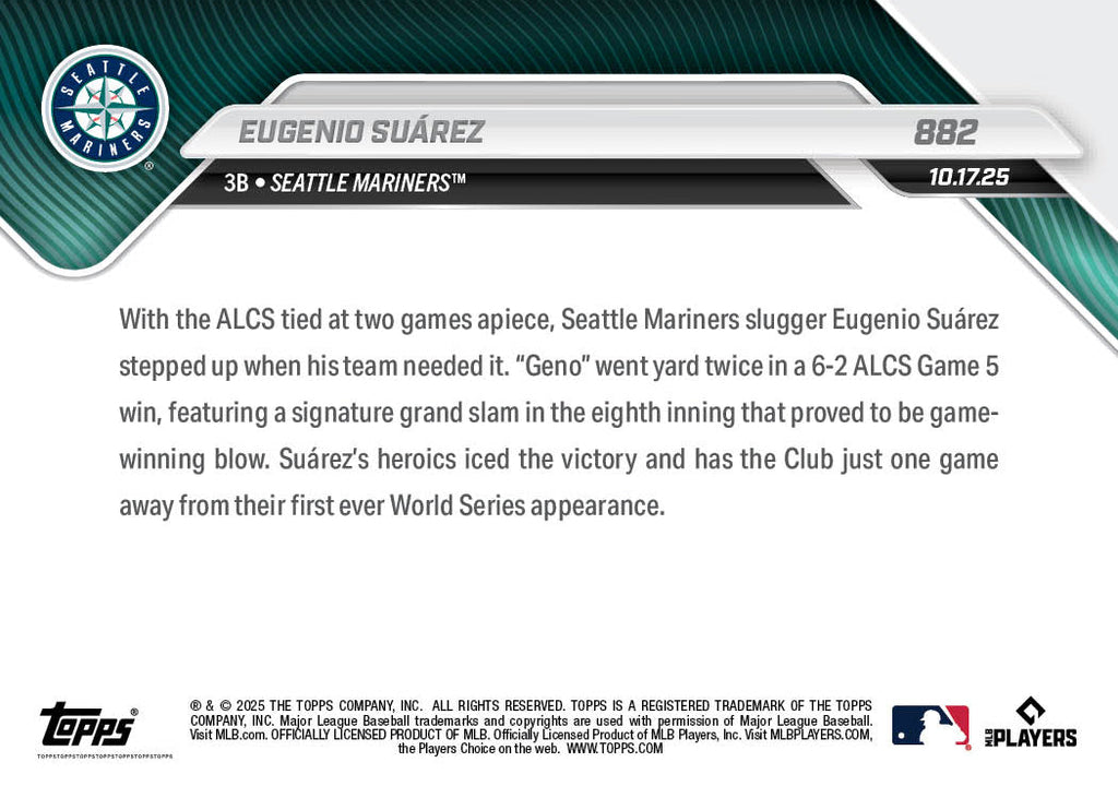 2025 Topps Now MLB Eugenio Suárez (10.17.25) #882 Blasts 1st Club Postseason Grand Slam Since ‘95 /4938