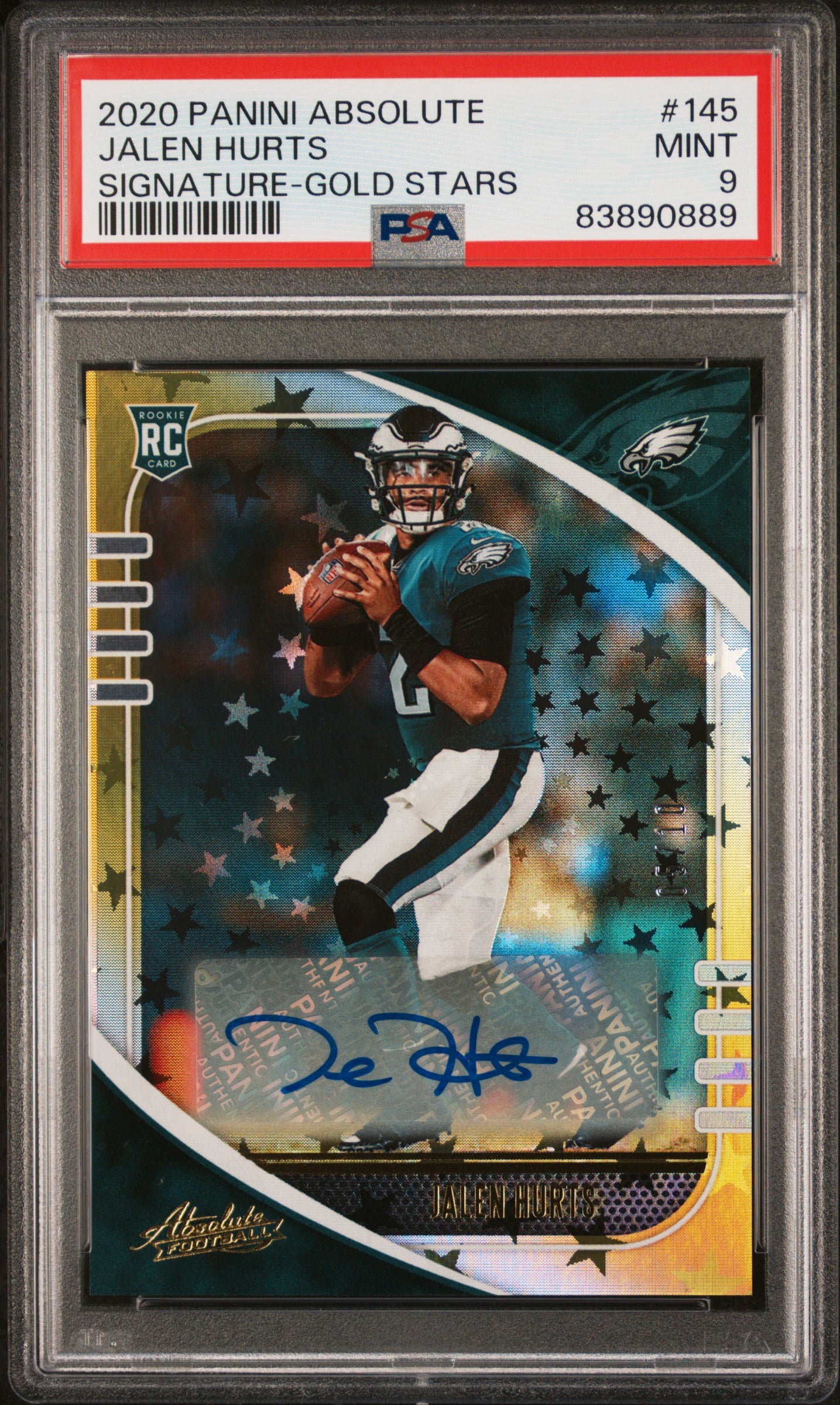 2020 Panini Absolute Signature Gold Stars 5/10 #145 Jalen Hurts RC Auto PSA 9