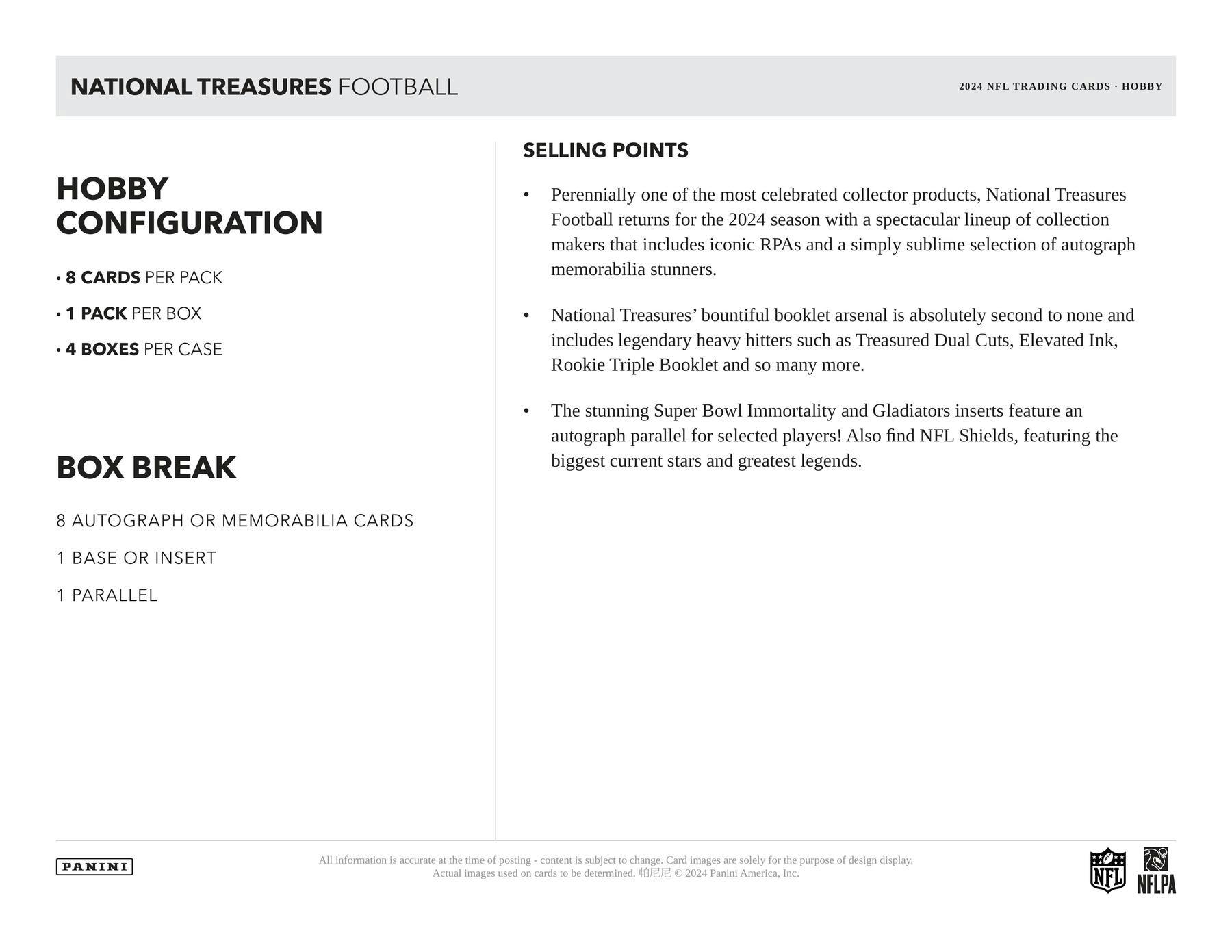 2024 Panini National Treasures Football Hobby Box (8/6)