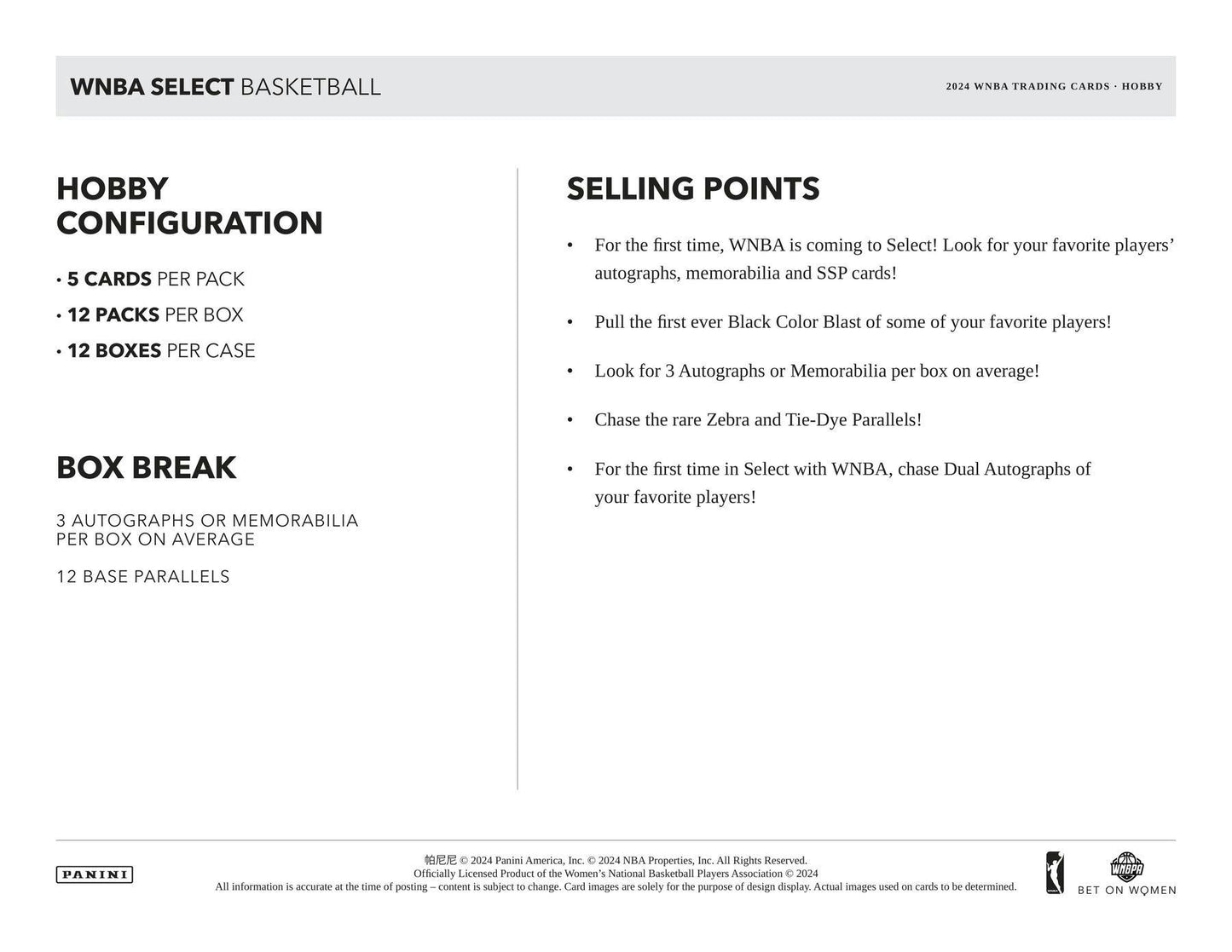 2024 Panini Select WNBA Basketball, Hobby Box