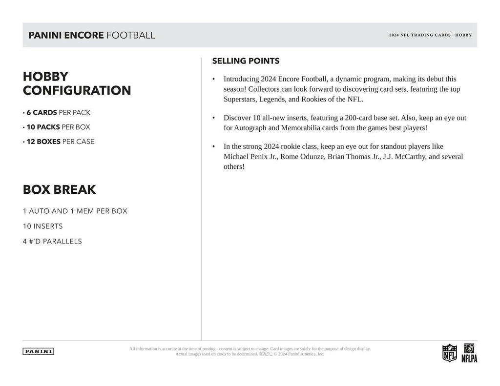 2024 Panini Encore Football Hobby Box (Pinnacle/Pacific)