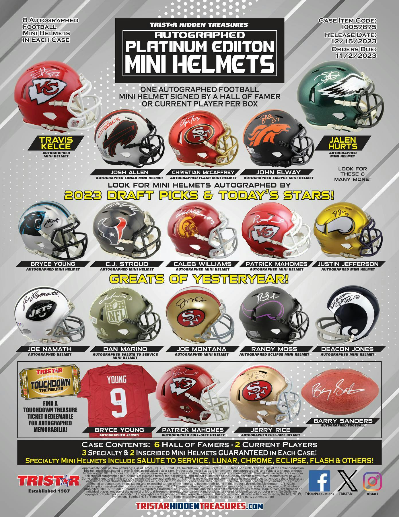 2023 TriStar Hidden Treasures Autographed Football Mini Helmets, Platinum Hobby Box